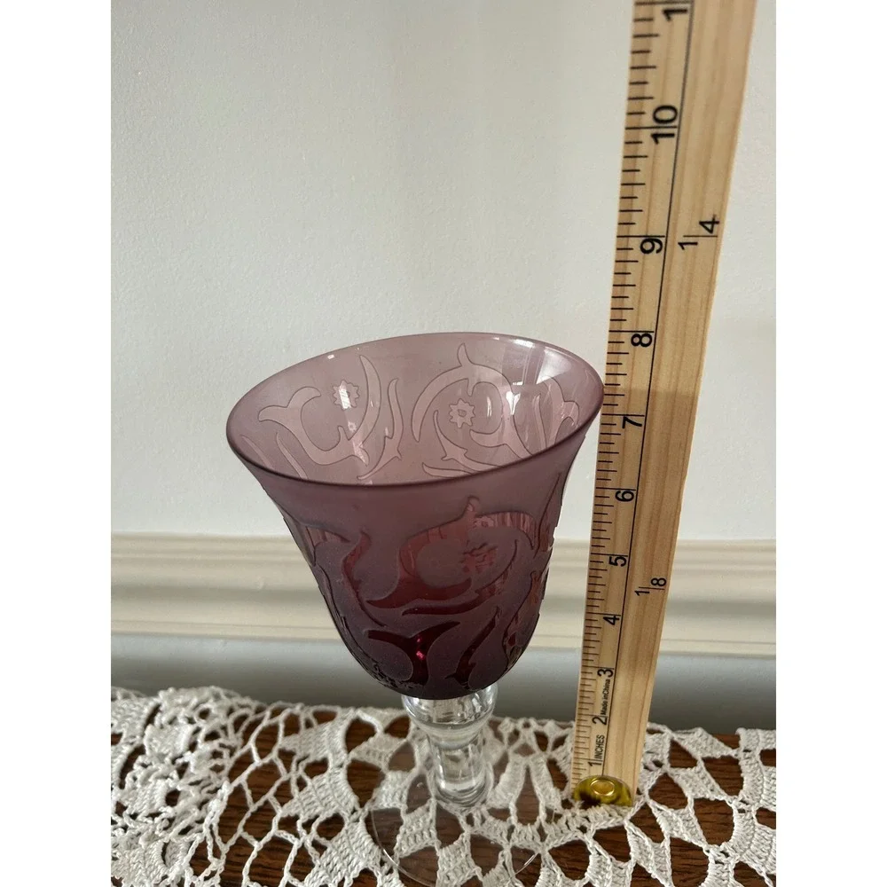Amethyst Purple Etched Glass Wine Goblets Set of 2 Frosted Scroll Design 7.6